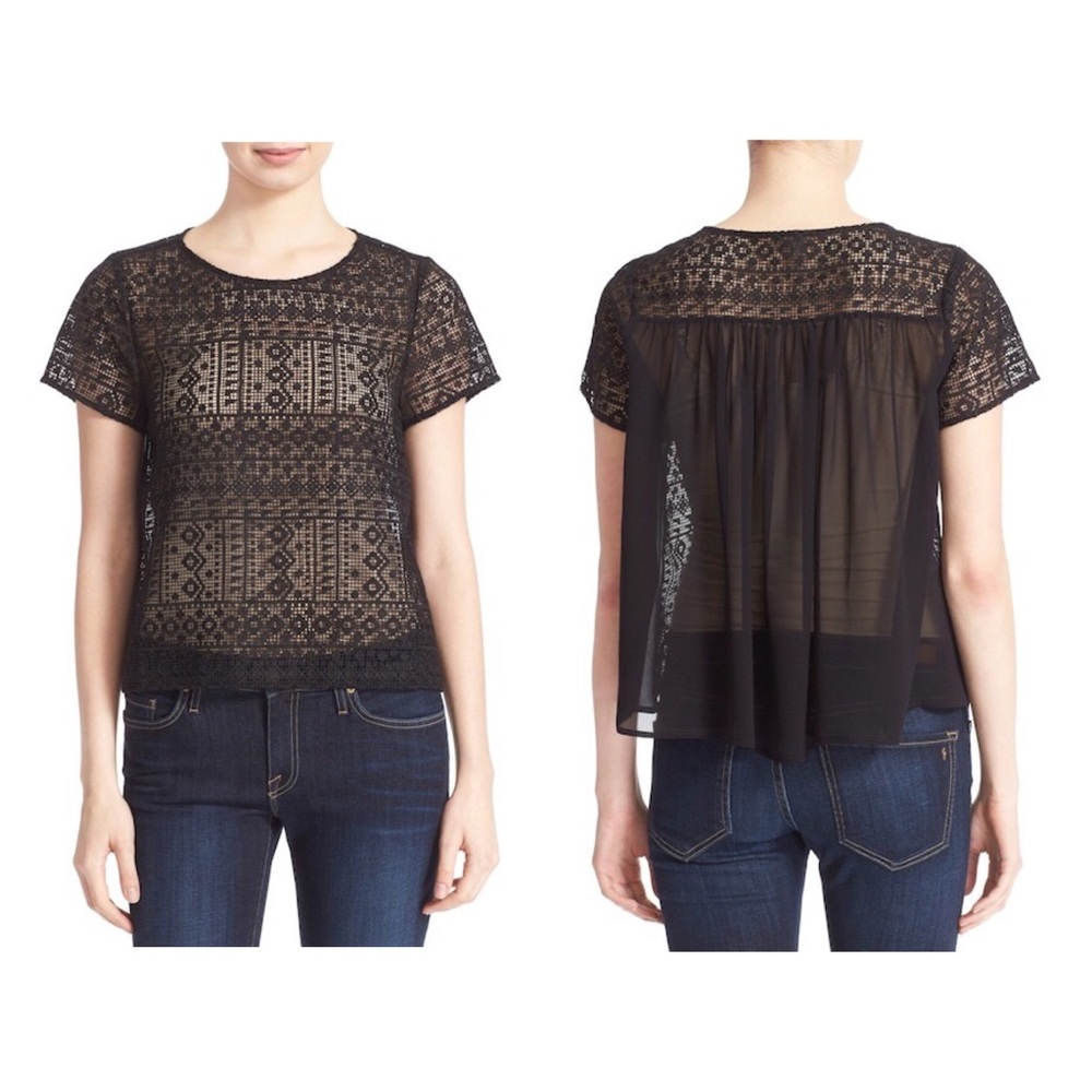 Joie • Black Sevan Lace Top Sheer Silk Back XS